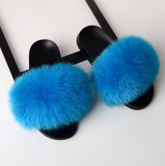 Solid Fox Fur Slides Slippers.