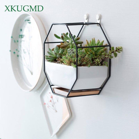 Image of Metal Iron Hanging Ceramic Flower Pot Bamboo Tray Iron Frame.