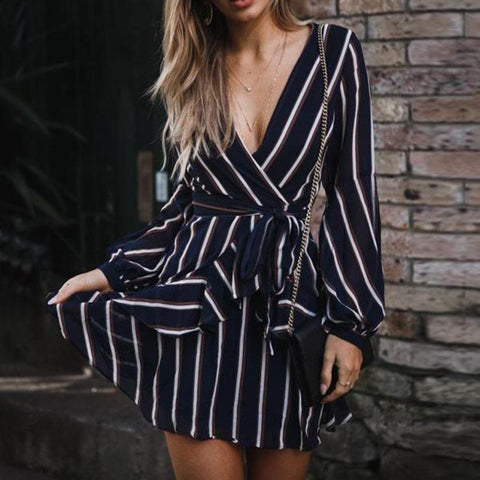 Image of Casual Striped V-Neck Dress