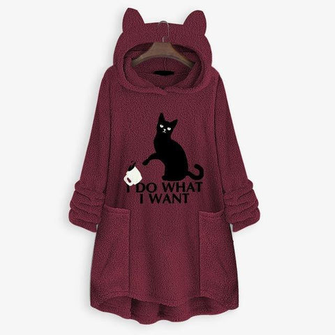 Image of winter Fleece Cat Ear Long Pocket loose Casual Hoodie.