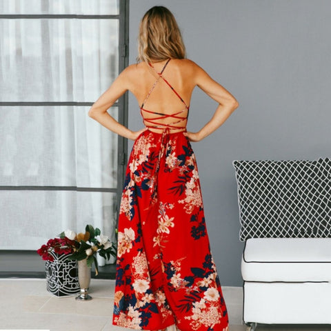 Image of Red Floral Print Long Dress