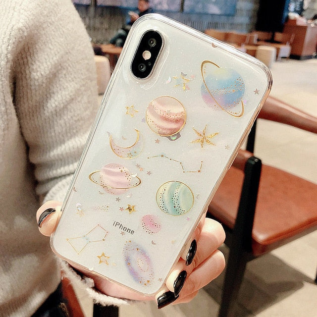 Glitter Cute Space Planet Phone Case For iPhone