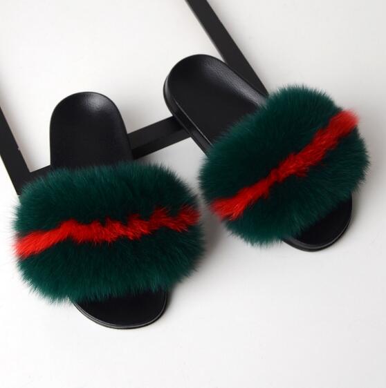 Solid Fox Fur Slides Slippers.