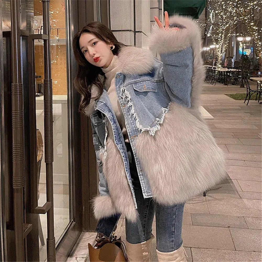 Denim Stitching Fur Coat