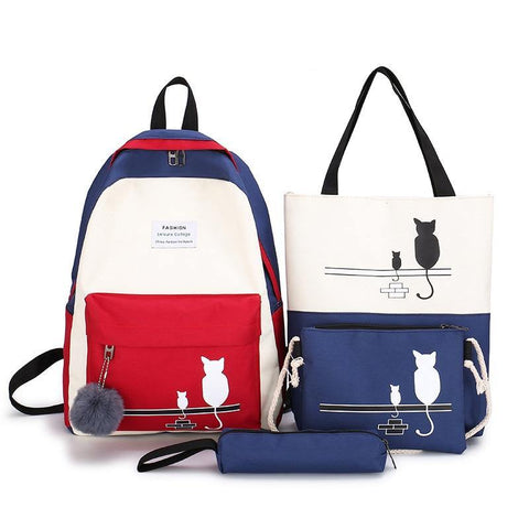 Image of FUNMARDI 4Pcs/Set Panelled Women Backpack Canvas Cat Pattern.