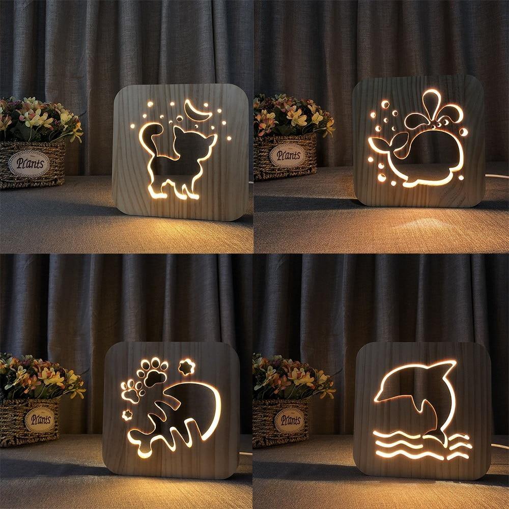 Wooden Animal Luminaria 3D Lamp USB Powered Desk Lights.