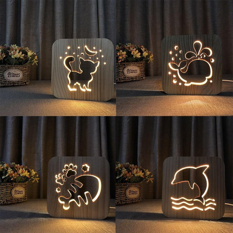 Image of Wooden Animal Luminaria 3D Lamp USB Powered Desk Lights.