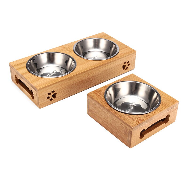 Pets Bamboo Rack Food Water Bowl
