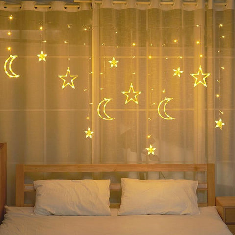 Image of Moon Star LED Curtain Lights 220V Fairy Christmas String Lights.