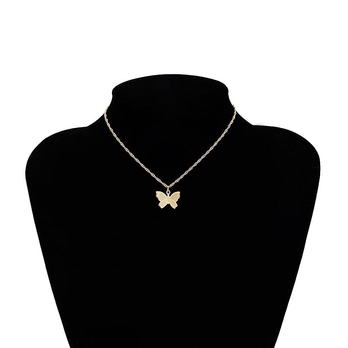 Gold Chain Butterfly Pendant Choker Necklace.