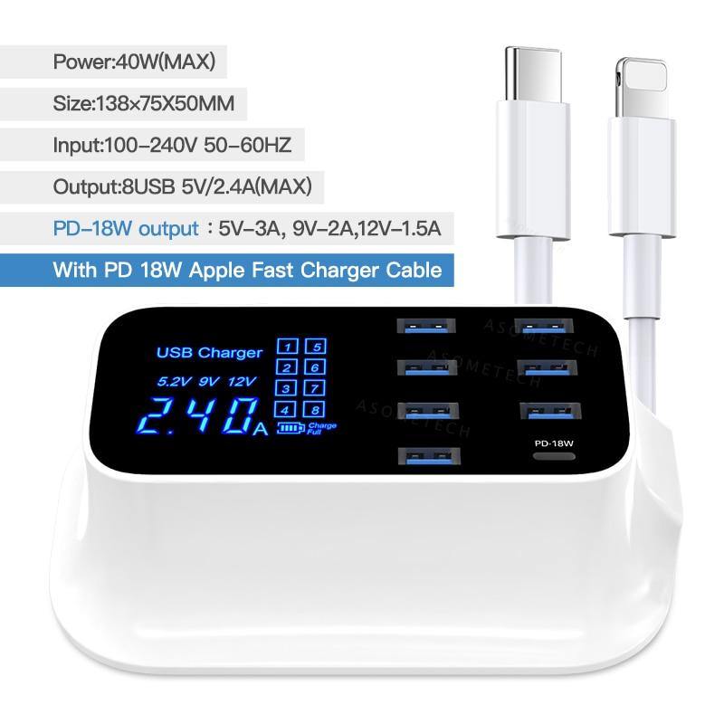 8 Ports Quick Charge 3.0 Led Display USB Charger.