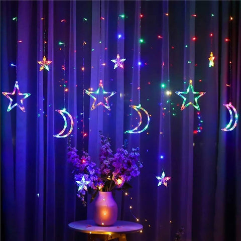 Image of Moon Star LED Curtain Lights 220V Fairy Christmas String Lights.