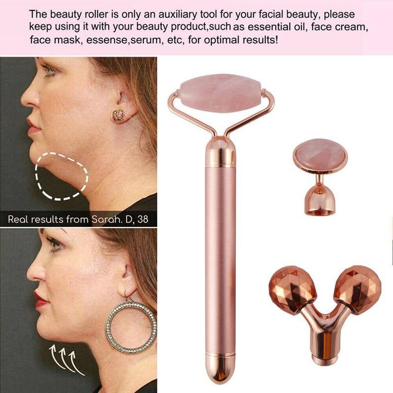 3In1 Electric Vibrating Natural Rose Quartz Jade Facial Roller.