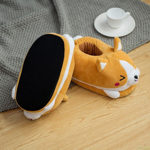 Image of Cute shiba Inu warm plush slippers.