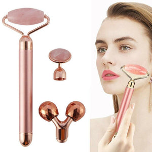 3In1 Electric Vibrating Natural Rose Quartz Jade Facial Roller.