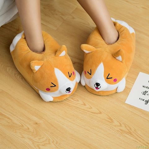 Image of Cute shiba Inu warm plush slippers.