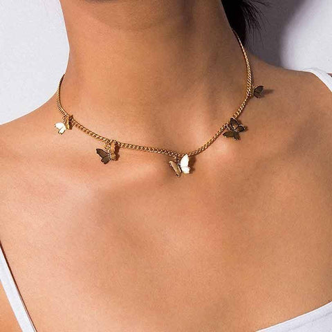 Image of Gold Chain Butterfly Pendant Choker Necklace.