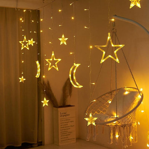 Image of Moon Star LED Curtain Lights 220V Fairy Christmas String Lights.