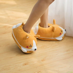 Cute shiba Inu warm plush slippers.