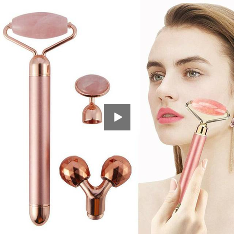 Image of 3In1 Electric Vibrating Natural Rose Quartz Jade Facial Roller.