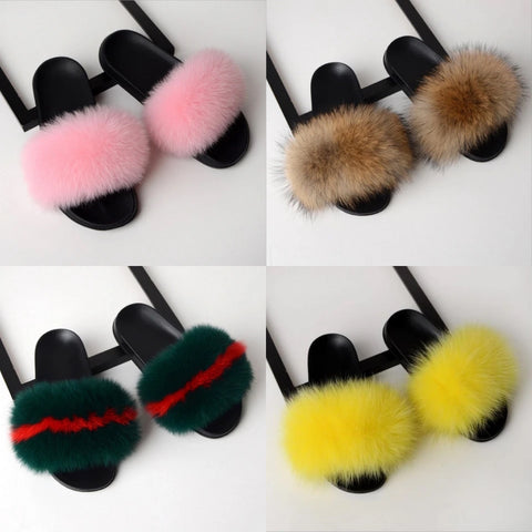 Image of Solid Fox Fur Slides Slippers