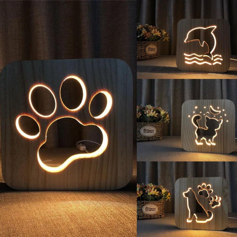 Image of Wooden Animal Luminaria 3D Lamp USB Powered Desk Lights.